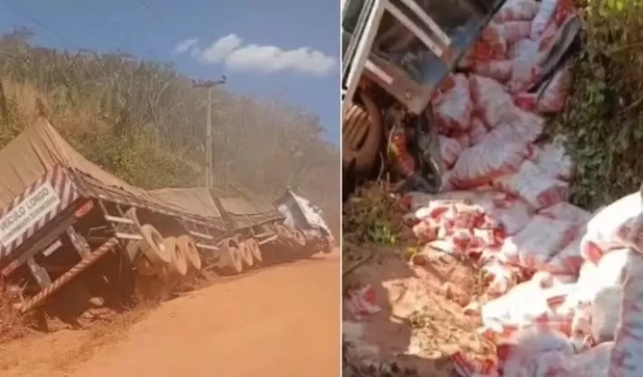  Carreta desgovernada atropela motociclista e tomba com carga de arroz em Marajá do Sena, no MA