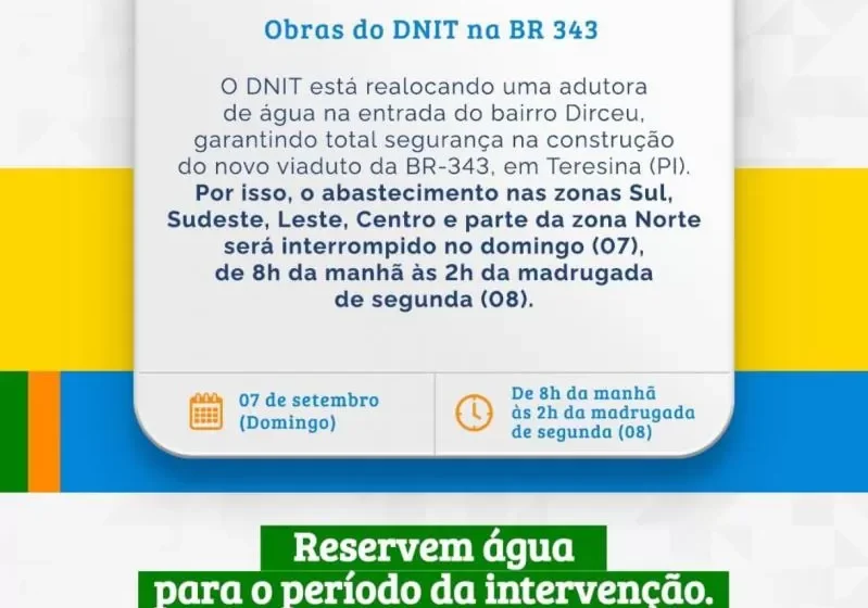  Abastecimento de água será suspenso em várias zonas de Teresina no domingo (7)