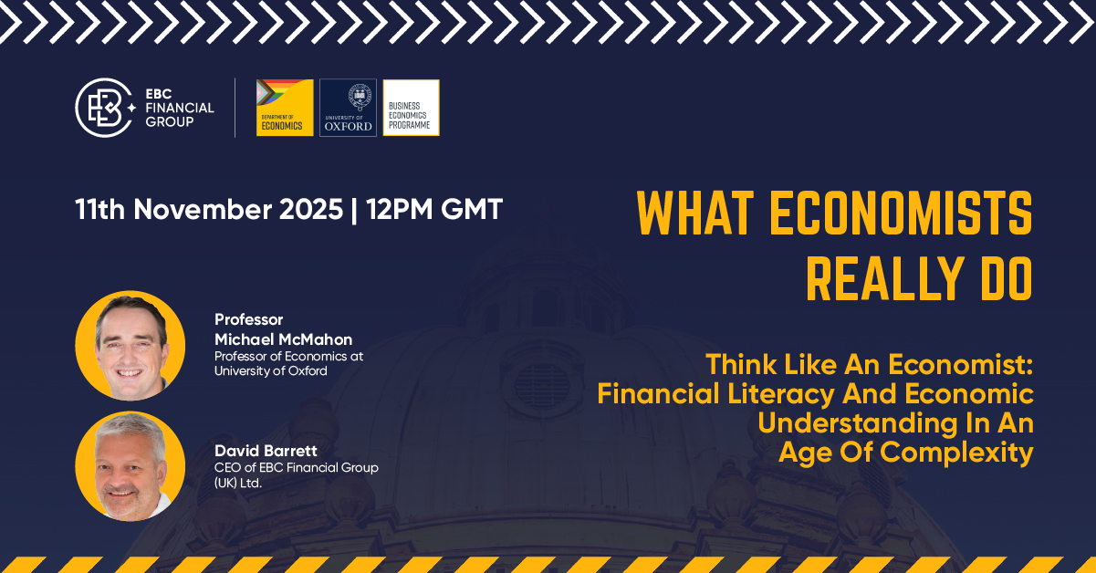 Banner promocional do webinar da Oxford University e EBC Financial Group “Pense Como Um Economista: Educação Financeira e Entendimento da Economia