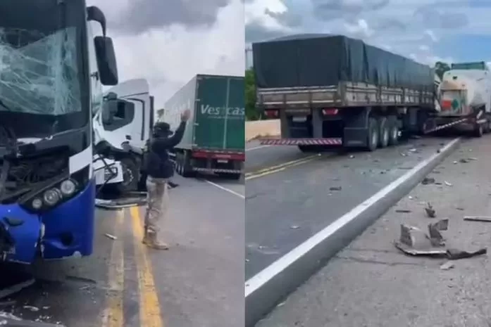  Acidente com ônibus, caminhão e carretas deixa motorista e sete pessoas da mesma família feridas no Ceará