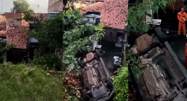  Carro cai de barranco e atinge quintal de casa no bairro da Alemanha, em São Luís